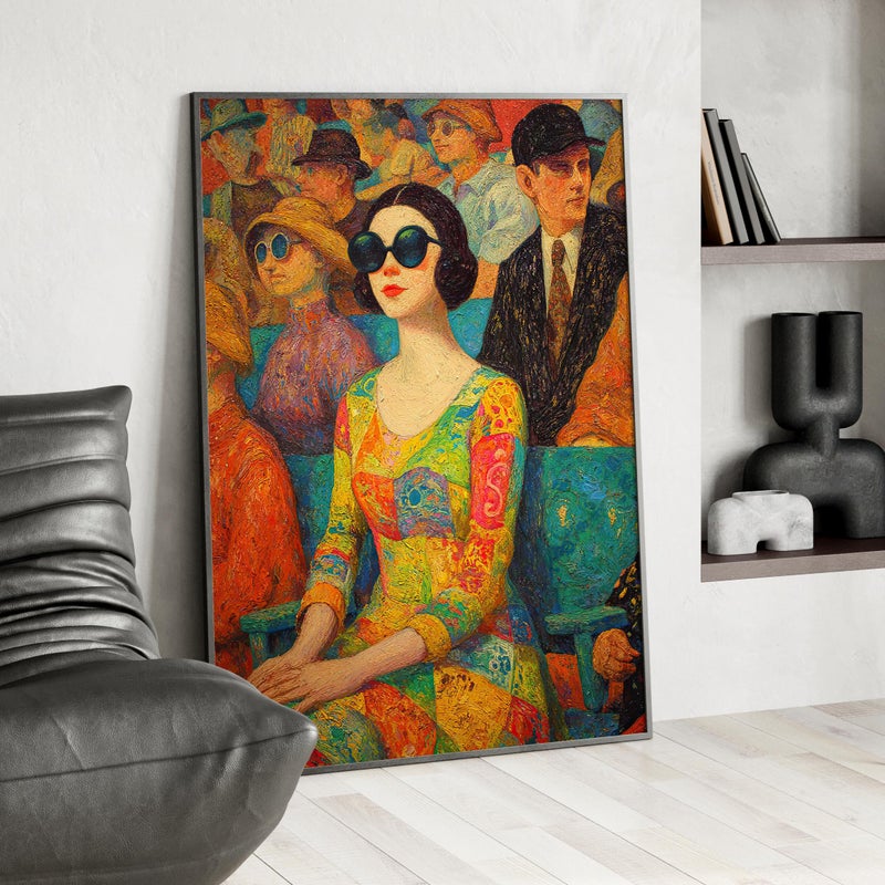 TNESSENTIAL Woman in Neon Dress and Sunglasses Wall Art Poster or Canvas Print, Neo-Impressionist Canvas Poster Print, Woman Watching Baseball Wall Decor - Image 4