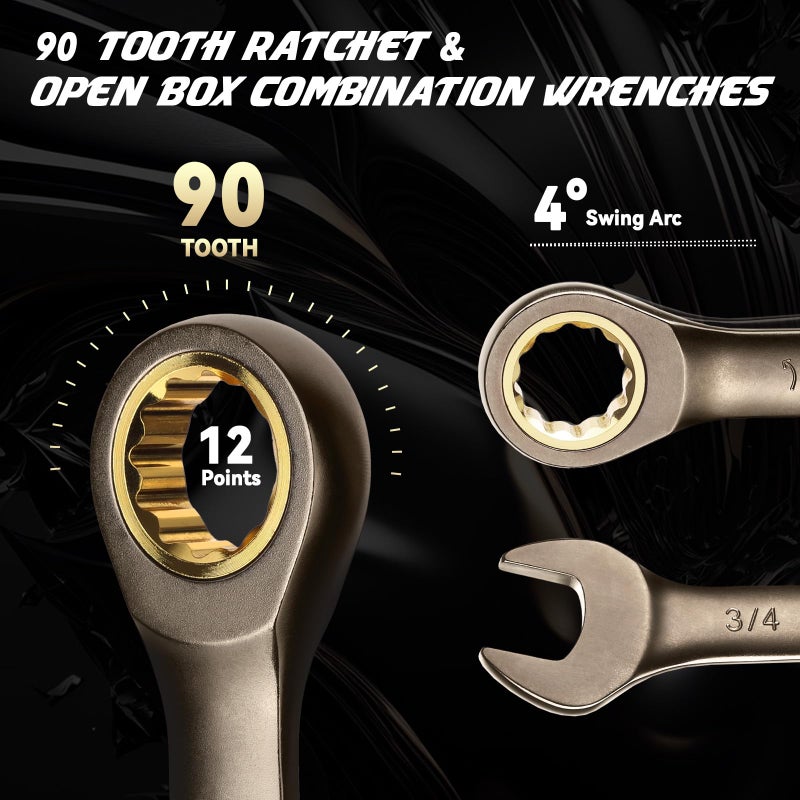 DISEN 13pcs 90 Teeth Ratcheting Wrench Set, Fixed Head SAE Combination Ratchet Wrenches Set 1/4 Inch - 13/16 inch, Nickel Plating Cr-V Constructed with Organizer - Image 3