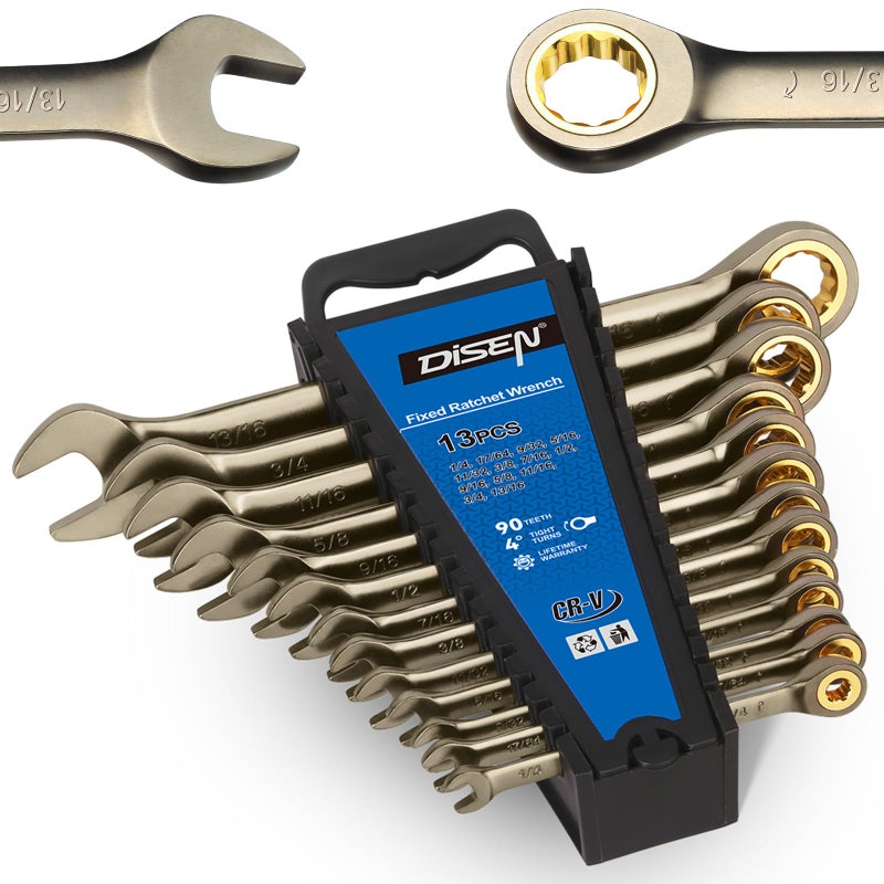 DISEN 13pcs 90 Teeth Ratcheting Wrench Set, Fixed Head SAE Combination Ratchet Wrenches Set 1/4 Inch - 13/16 inch, Nickel Plating Cr-V Constructed with Organizer - Image 1