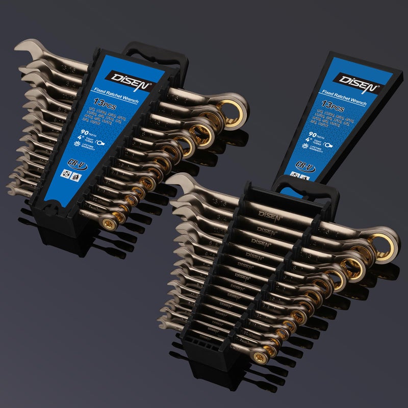 DISEN 13pcs 90 Teeth Ratcheting Wrench Set, Fixed Head SAE Combination Ratchet Wrenches Set 1/4 Inch - 13/16 inch, Nickel Plating Cr-V Constructed with Organizer - Image 2