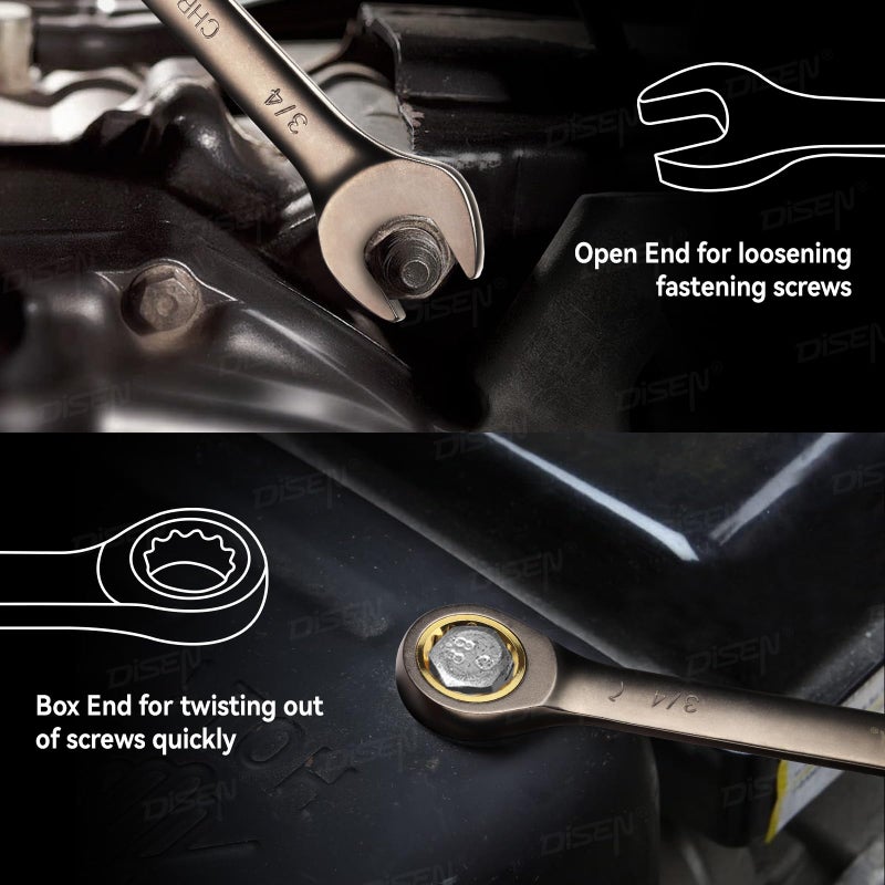 DISEN 13pcs 90 Teeth Ratcheting Wrench Set, Fixed Head SAE Combination Ratchet Wrenches Set 1/4 Inch - 13/16 inch, Nickel Plating Cr-V Constructed with Organizer - Image 5