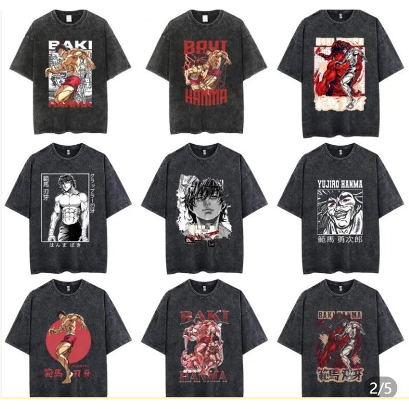 Baki Hanma T Shirt Washed Distressed Short-Sleeved Cotton Top Japanese Anime Trendy T - Image 2
