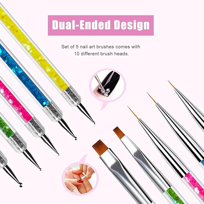 Sularpek 5pcs Doubel Ended Nail Art Brushes Nail Art Liner Brushe Nail Dotting Tools Pull Line Painted Pen Nail Dotting Tools Set For Diy Nail Art Designs - Image 3
