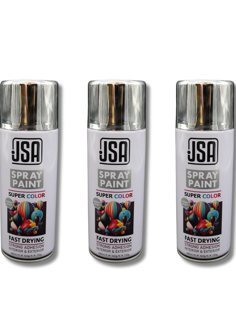 JSA A set of 3 multi-purpose spray paint cans in silver chrome color, each with a capacity of 400ml. This fast-drying paint is suitable for use on wood, plastic, and metal. Ideal for both indoor and outdoor applications, and perfect for DIY projects, automotive painting, and arts & crafts. - Image 1