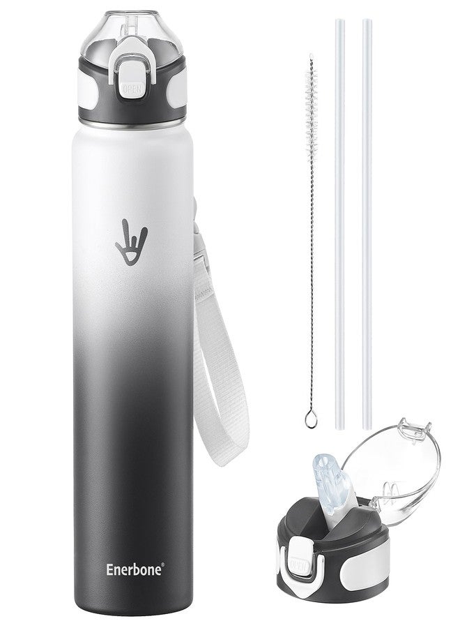 Enerbone زجاجة مياه معزولة من إنيربوين، سعة 32 أونصة، مصنوعة من الفولاذ المقاوم للصدأ، مزودة بحزام حمل، ترمس معزول بجدار مزدوج بتقنية التفريغ، زجاجة رياضية مانعة للتسرب مع ماصة، تحافظ على المشروبات ساخنة أو باردة لساعات. - Image 1