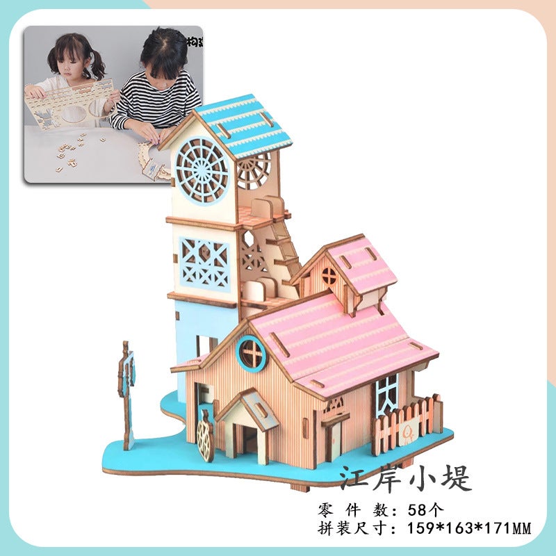 Wooden 3D 3D Puzzle Assembled Building Model Youth Diy Style Cottage Educational Toy Small Western House - Image 1