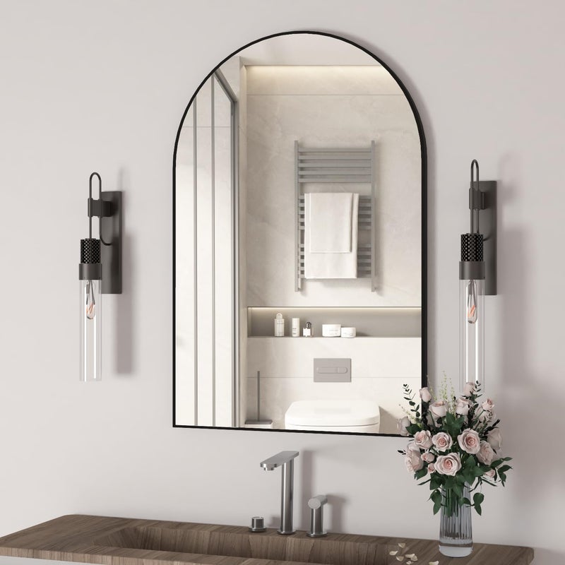 NEUWEABY Wall Mounted Mirror Arched Wall Mirror for Bathroom 24x36 Arch Bathroom Mirror with Metal Frame Black Vanity Mirror Decor for Mantle Bedroom Entryway Living Room