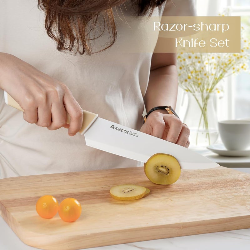 Astercook طقم سكاكين مطبخ مع حامل ومبراة 15 قطعة سكاكين مع طلاء سيراميكي سكاكين فولاذية ألمانية عالية الكربون حادة آمنة للغسالة سكاكين ديبا بمقبض مريح - Image 2