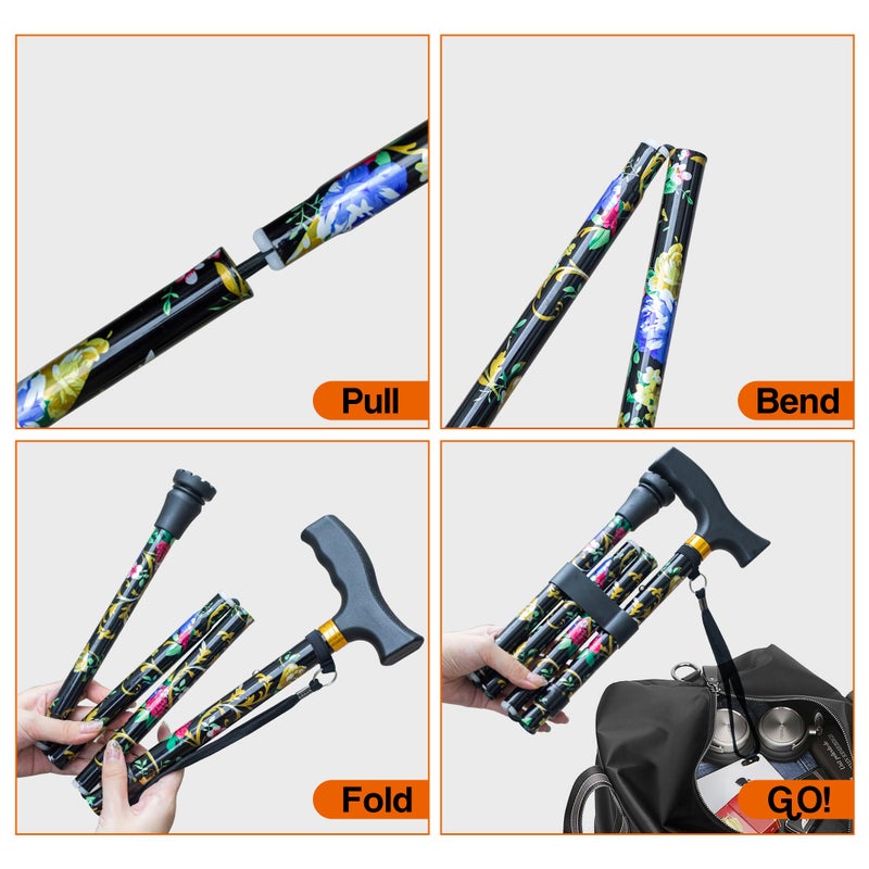 LIXIANG Walking Cane with Replacement Base-Folding Cane,Adjustable Colorful Walking Stick for Men & Women with Comfortable T-Handle,Stylish Balancing Mobility Aid,Black Flower - Image 4