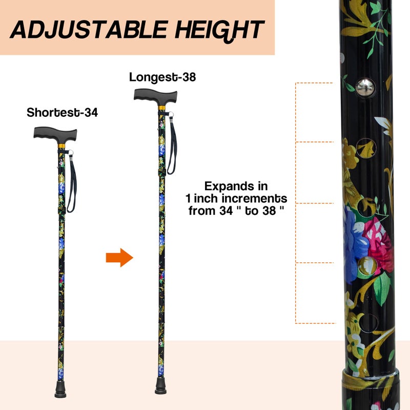 LIXIANG Walking Cane with Replacement Base-Folding Cane,Adjustable Colorful Walking Stick for Men & Women with Comfortable T-Handle,Stylish Balancing Mobility Aid,Black Flower - Image 3