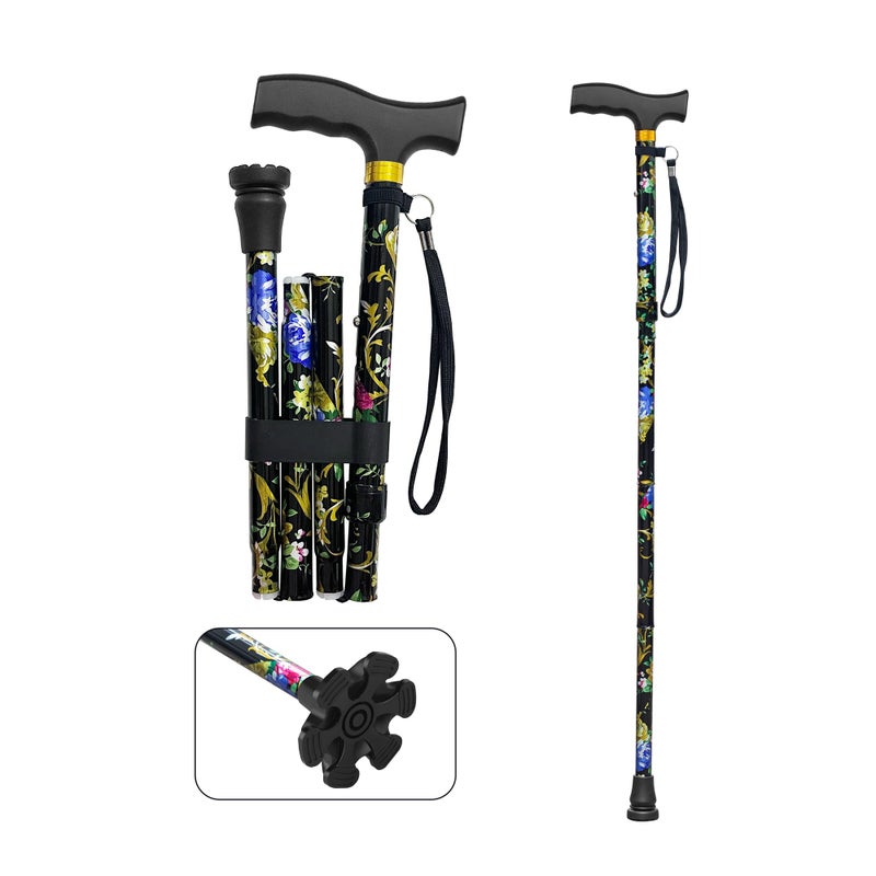 LIXIANG Walking Cane with Replacement Base-Folding Cane,Adjustable Colorful Walking Stick for Men & Women with Comfortable T-Handle,Stylish Balancing Mobility Aid,Black Flower - Image 1