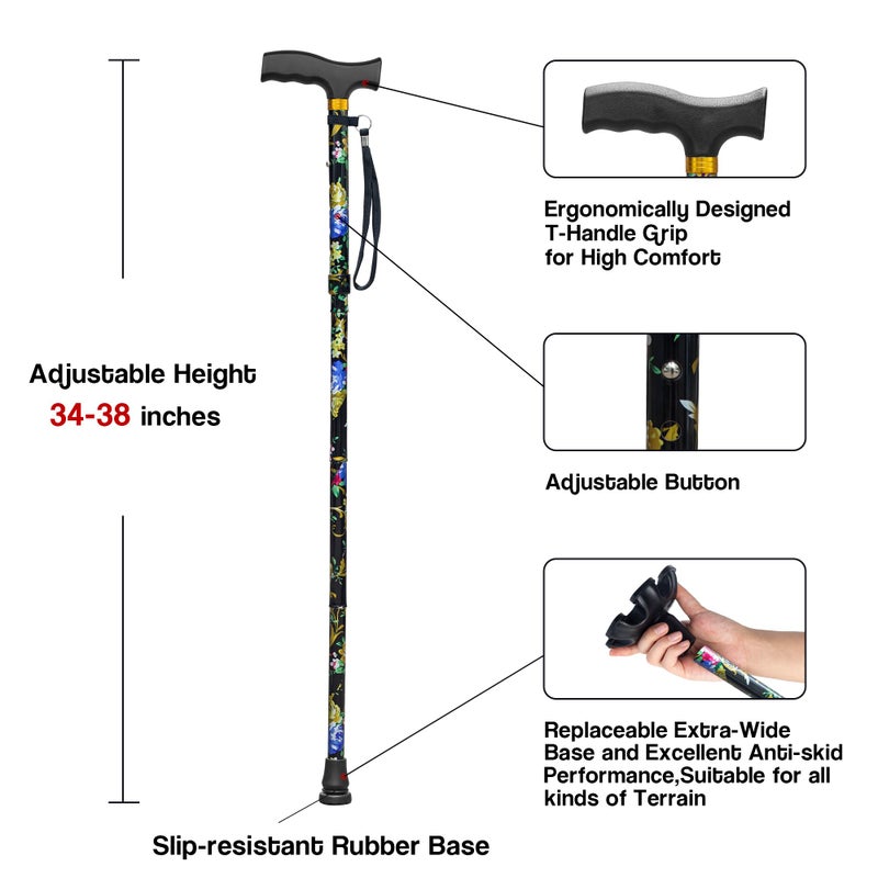 LIXIANG Walking Cane with Replacement Base-Folding Cane,Adjustable Colorful Walking Stick for Men & Women with Comfortable T-Handle,Stylish Balancing Mobility Aid,Black Flower - Image 2