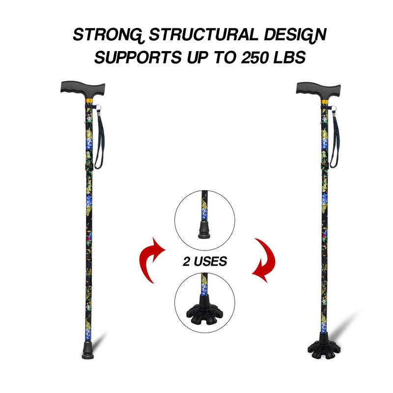 LIXIANG Walking Cane with Replacement Base-Folding Cane,Adjustable Colorful Walking Stick for Men & Women with Comfortable T-Handle,Stylish Balancing Mobility Aid,Black Flower - Image 5