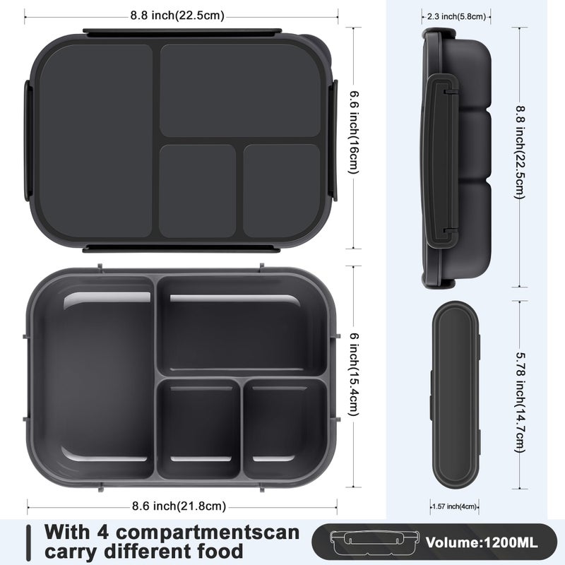 Amathley Lunch Box Kids,Bento Box Adult,Leakproof Lunch Containers for Adults/Kids/Toddler,1200ML-4 Compartments bento Lunch box with Utensil,Microwave & Dishwasher & Freezer Safe (Dark Gray) - Image 2