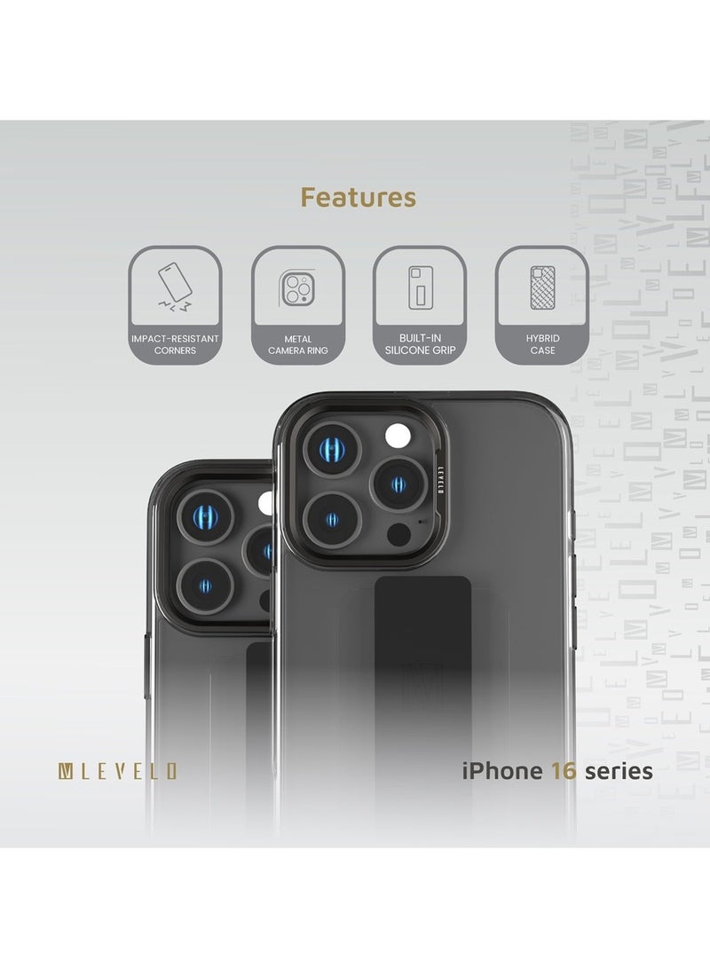 LEVELO iPhone 16 Pro Case with Graphia IMD Silicone Grip / Impact-Resistant Corners / Metal Camera Ring / Premium Durable TPU Back Cover - Gray - Image 2