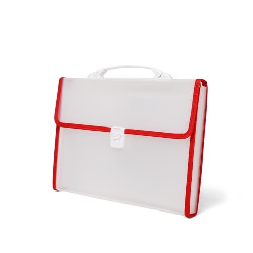 Neomate Expanding File Folder with Handle | 13-Pocket A4/FS Size Document and Certificate Organizer | Transparent Accordion Folder | Red - Image 1