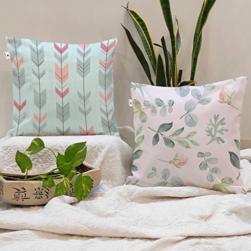 BRICK HOME Set of 2 Jute Printed Cushion Covers 24x24 Inches | Pastel Floral, Leaf, Arrow & Dreamcatcher Pattern | Soft Durable Decorative Pillow Covers for Sofa Couch Living Room Bedroom - Image 1