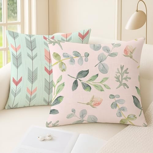 BRICK HOME Set of 2 Jute Printed Cushion Covers 24x24 Inches | Pastel Floral, Leaf, Arrow & Dreamcatcher Pattern | Soft Durable Decorative Pillow Covers for Sofa Couch Living Room Bedroom - Image 2