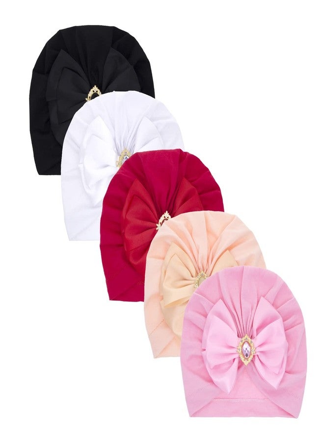 Nishine 5 Pack Baby Turban Beanies Hat Newborn Bow Cap Hats Toddler Skull Beanie Bowknot Cap Headwear (Rhinestone Bow-5pcs) - Image 1