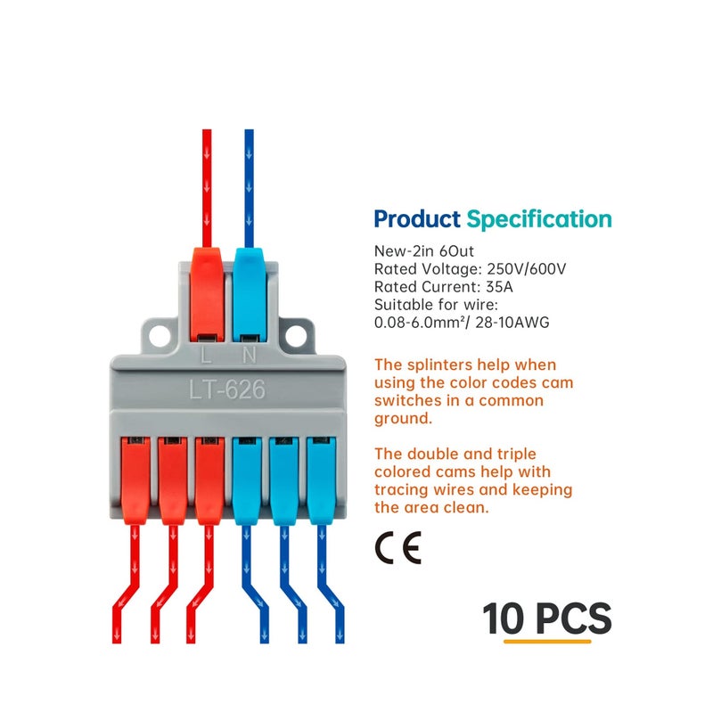 Lever Wire Nuts Wire Connectors, 10Pcs Compact Splicing Connector Push-in Conductor Terminal Blocks (New- 2 in 6 Out) - Image 3