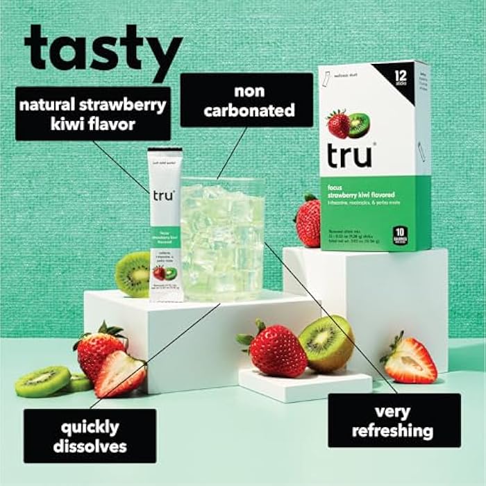 Tru Focus Powder, Natural Caffeine and Nootropics Supplement, Strawberry Kiwi Flavored Energy Drink Mix with L Theanine & Yerba Mate, Sweetened with Monk Fruit & Stevia, Gluten Free, Vegan, 12 Packets - Image 3