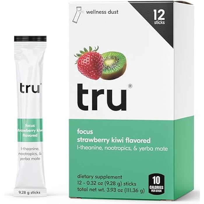 Tru Focus Powder, Natural Caffeine and Nootropics Supplement, Strawberry Kiwi Flavored Energy Drink Mix with L Theanine & Yerba Mate, Sweetened with Monk Fruit & Stevia, Gluten Free, Vegan, 12 Packets - Image 1