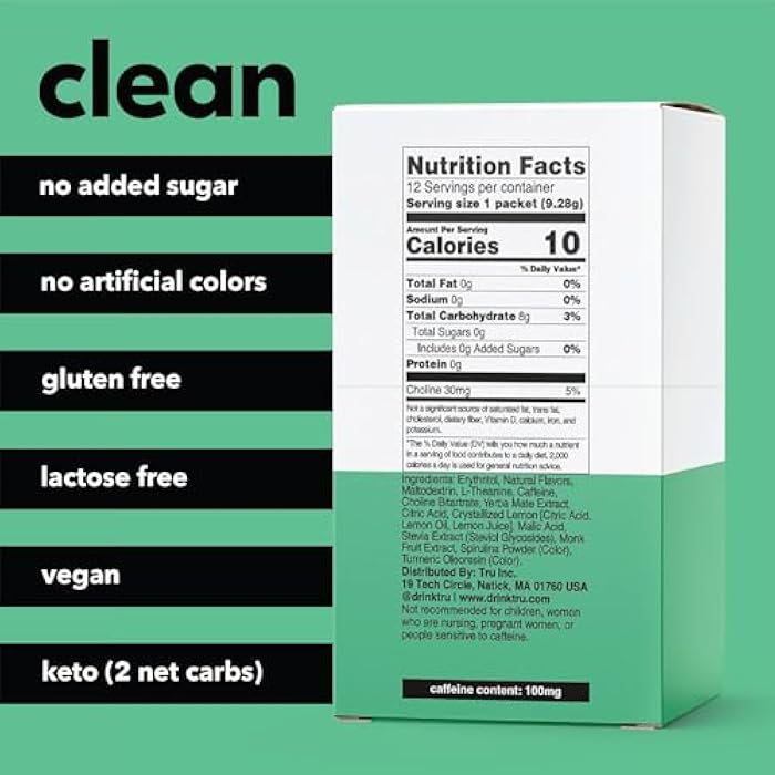 Tru Focus Powder, Natural Caffeine and Nootropics Supplement, Strawberry Kiwi Flavored Energy Drink Mix with L Theanine & Yerba Mate, Sweetened with Monk Fruit & Stevia, Gluten Free, Vegan, 12 Packets - Image 2