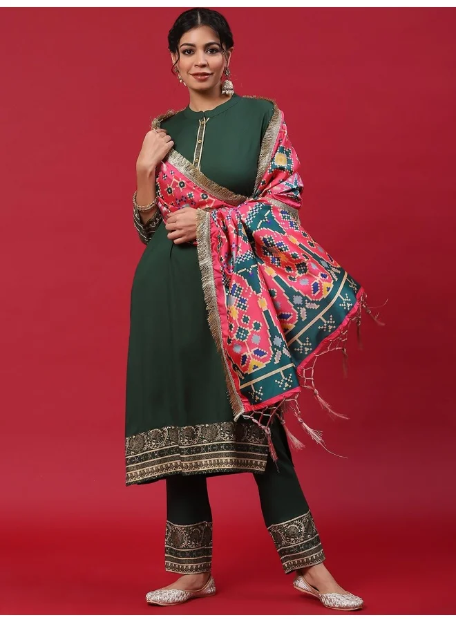 AKS Green Gold Printed Kurta & Pant With Dupatta Set