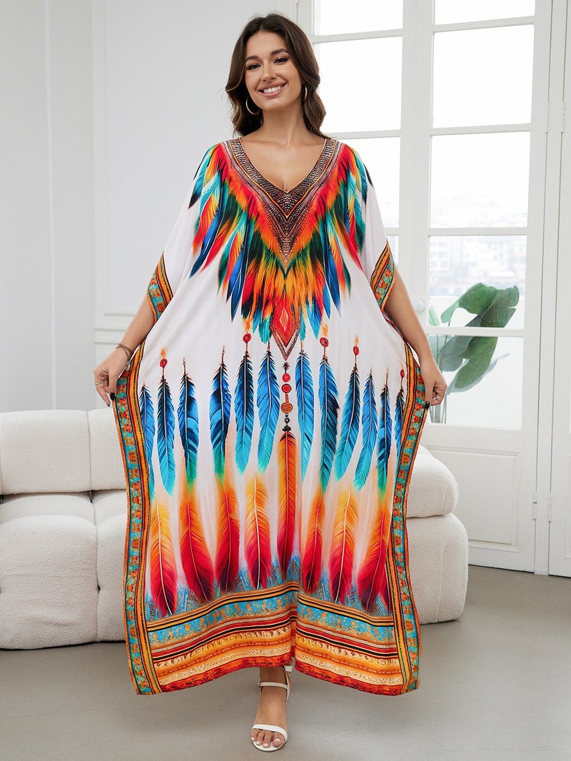 Generic Cross-border European and American rayon tie-dyed beach jumpsuit long dress loose robe bikini swimsuit outer blouse sun protection shirt Zs2277-15 feather color
