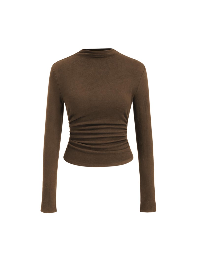 CIDER Mock Neck Tops for Women Thermal Shirts Long Sleeve Ruched Going Out Tops Basic Tee Slim Fit Fall Top: Brown, XL - Image 1