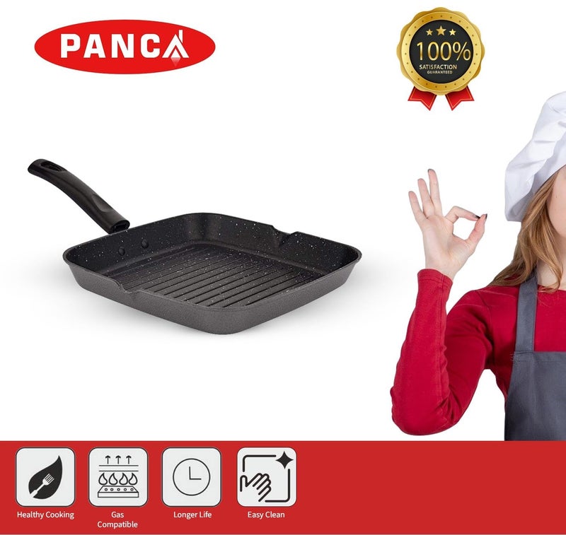 PANCA Non Stick Aluminium Grill Pan 24 Cm | Gas Stove Compatible Fry Pan for Grilling, Frying, Pancake, Omelette, Sandwich & BBQ Cooking | Spatter Finish Marble Grey Cookware - Image 3