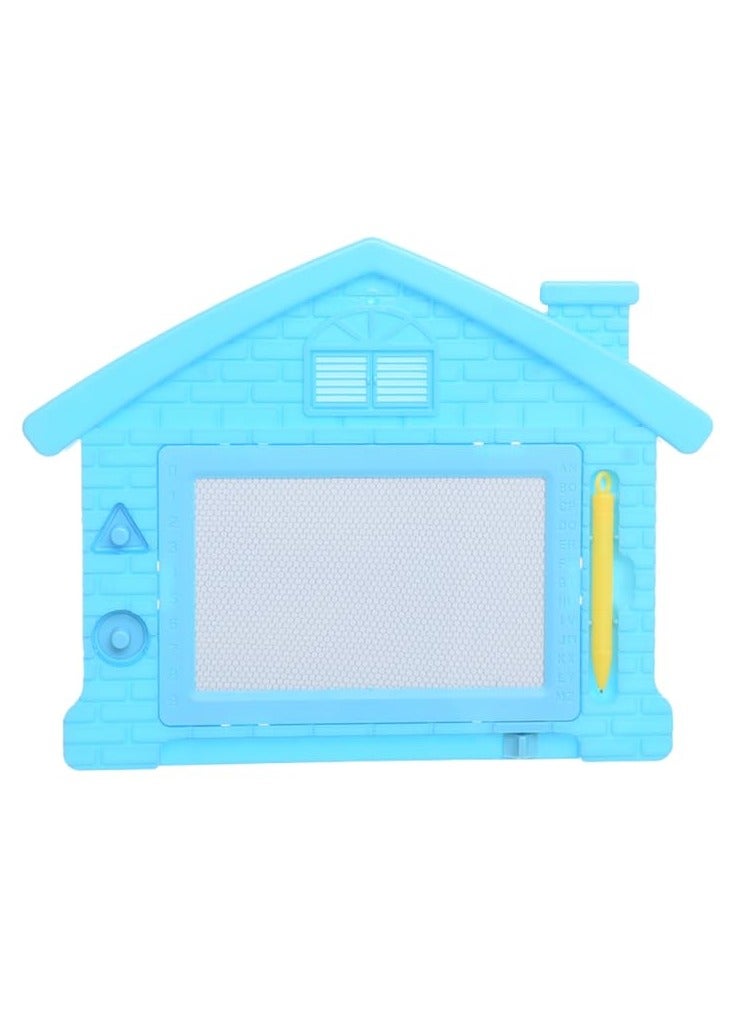 أروما لوح رسم وكتابة مغناطيسي للأطفال - لوحة رسم قابلة للمسح على شكل منزل مع طوابع وقلم، 20 × 25 سم، بلاستيك أزرق - Image 1