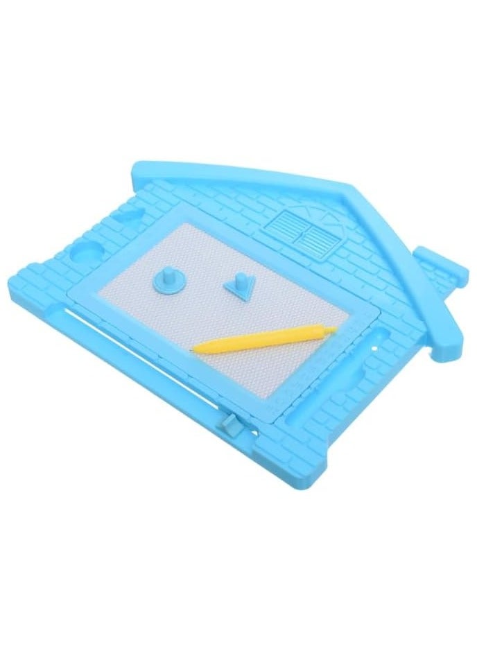 أروما لوح رسم وكتابة مغناطيسي للأطفال - لوحة رسم قابلة للمسح على شكل منزل مع طوابع وقلم، 20 × 25 سم، بلاستيك أزرق - Image 2