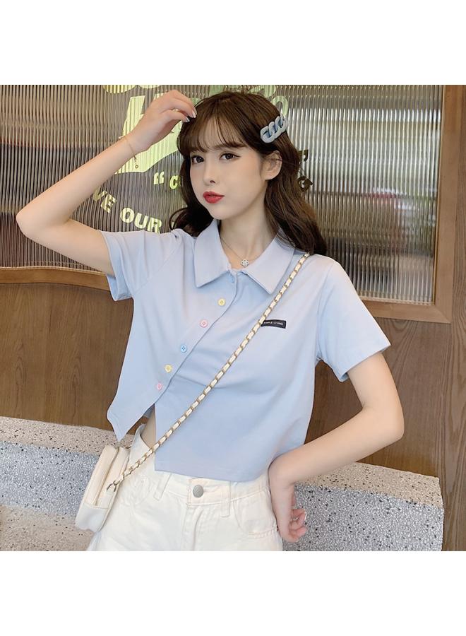 New Shirt Short Sleeve T-shirt Women's Slim High Waist Lapel Short Top Summer Bottoming Shirt Women's 