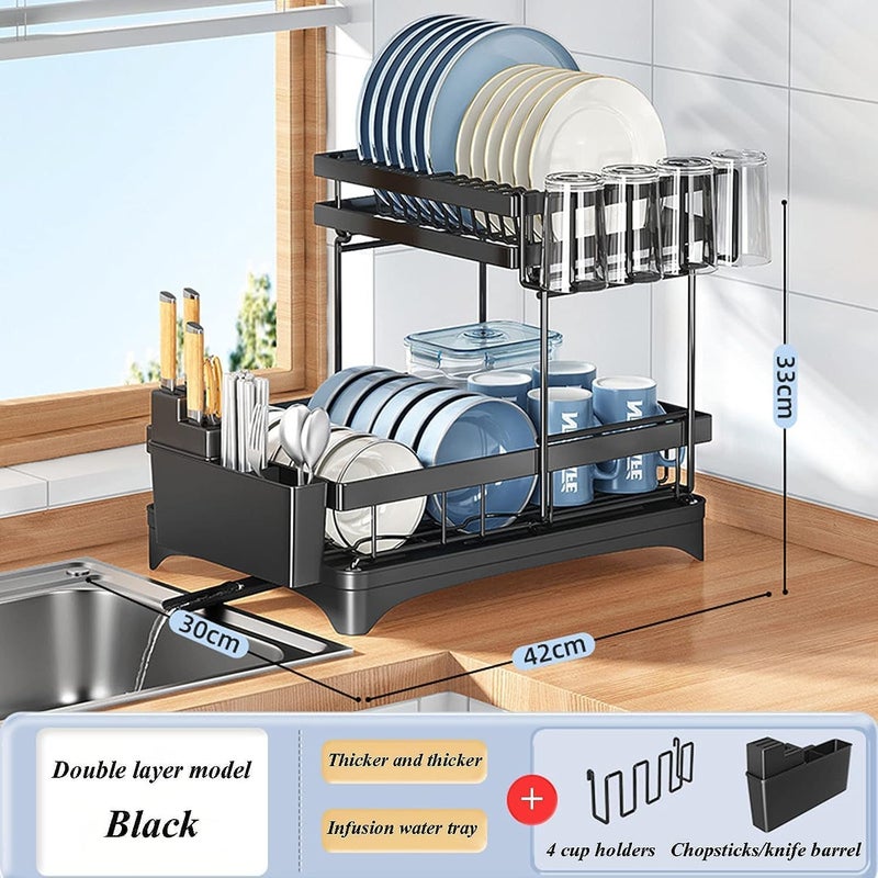 Glaceon Dish Drying Rack Dish Rack for Kitchen Counter Over Sink Dish Drying Rack with Drain Board 2Tier Large Capacity Dish Drainer Organizer Shelf with Utensil Holder Wine Glass Holder Black - Image 2