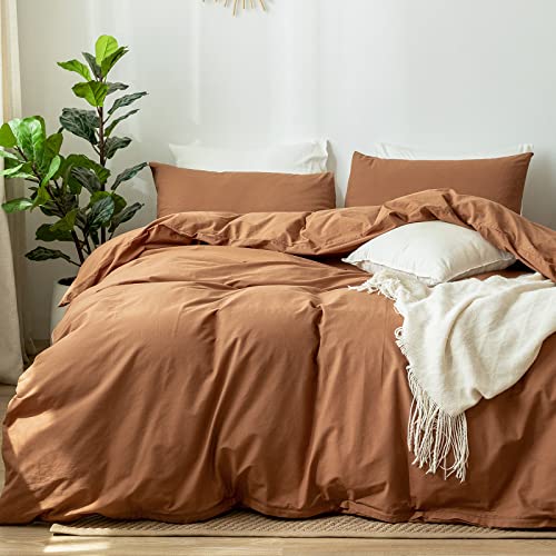 MooMee Bedding Duvet Cover Set 100 Washed Cotton Linen Like Textured Breathable Durable Soft Comfy Solid Dark Orange Twin 68x90