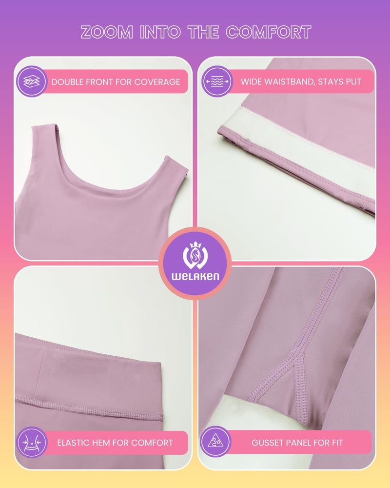 WELAKEN Girls 2 Piece Athletic Outfits Kids Yoga Crop Tank Top & Biker Shorts Sets,Purple,5T - Image 5