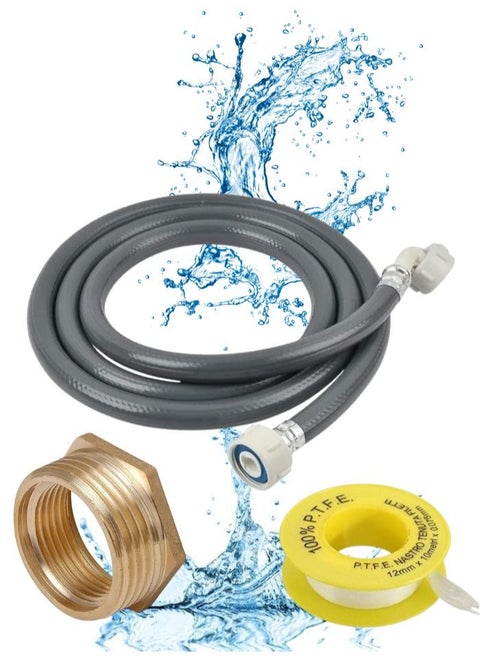 Universal Washing Machine Inlet Hose Kit with Brass Adapter & PTFE Thread Seal Tape – 2 Meter Flexible Water Hose