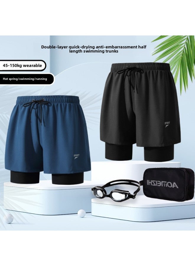 Loquat Swimming Trunks Men's Anti-embarrassment Double-layer Loose Swimming Trunks 2023 Five-point Hot Spring Swimming Plus Size-Color:Swimming Cap + Mirror 1208 + Ear And Nose Plug + A33 Black- - Image 2