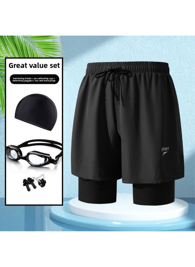 Loquat Swimming Trunks Men's Anti-embarrassment Double-layer Loose Swimming Trunks 2023 Five-point Hot Spring Swimming Plus Size-Color:Swimming Cap + Mirror 1208 + Ear And Nose Plug + A33 Black- - Image 1