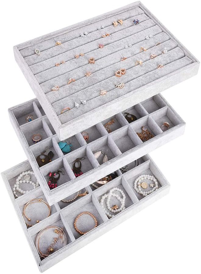 PADOM صواني مجوهرات مخملية قابلة للتكديس من بادوم، صواني عرض تخزين المجوهرات للسحب، منظم أقراط، قلائد، أساور، خواتم (مجموعة من 3) - Image 4