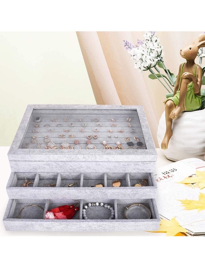 PADOM صواني مجوهرات مخملية قابلة للتكديس من بادوم، صواني عرض تخزين المجوهرات للسحب، منظم أقراط، قلائد، أساور، خواتم (مجموعة من 3) - Image 3