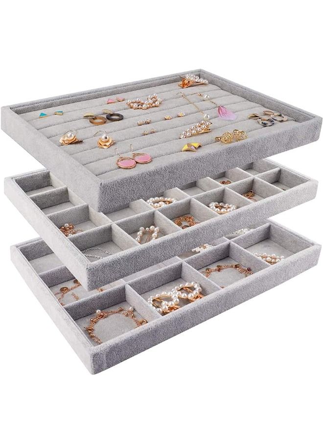 PADOM صواني مجوهرات مخملية قابلة للتكديس من بادوم، صواني عرض تخزين المجوهرات للسحب، منظم أقراط، قلائد، أساور، خواتم (مجموعة من 3) - Image 1