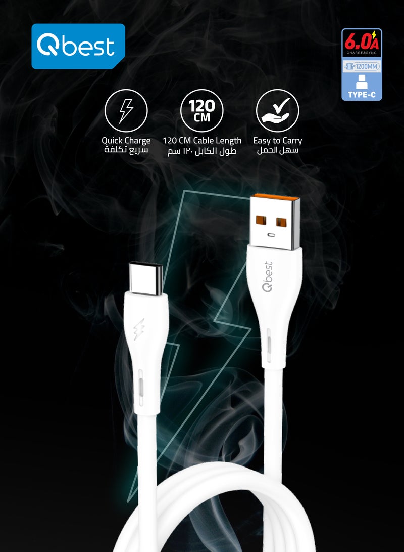 Qbest 6.0A Fast Charging USB to Type C Cable 1.2M – High-Speed Data Transfer, Durable Design for Android, Apple & Compatible Devices, - White - Image 5