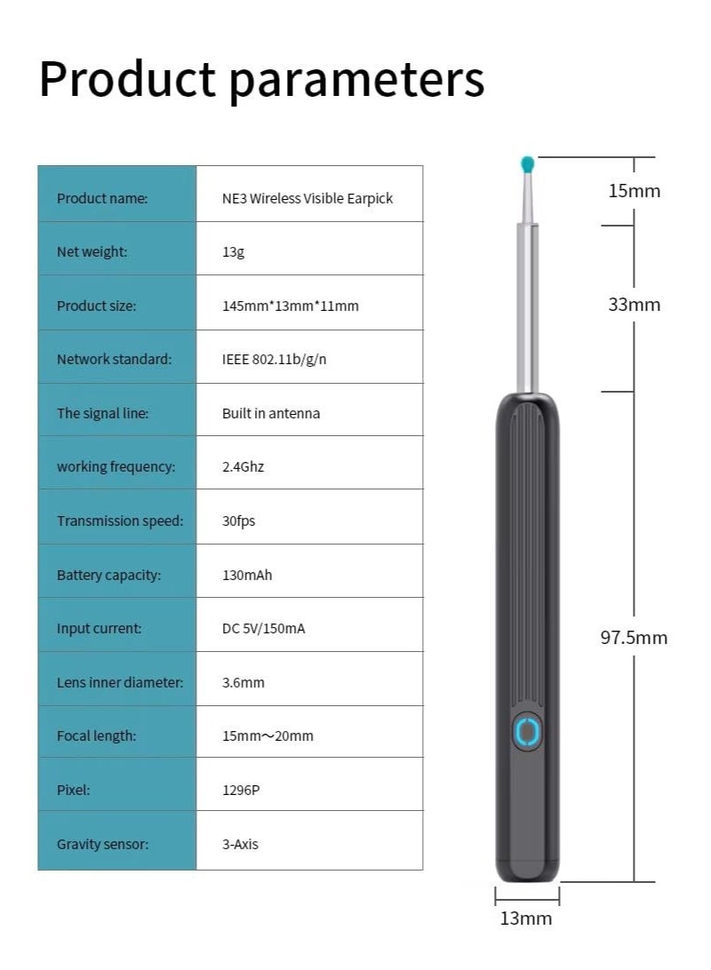 Wireless Ear Wax Removal Tool with 1296P HD Wi-Fi Endoscope Camera, LED Light, Silicone Scoops & Ear Spoons for iPhone/Android - Image 3