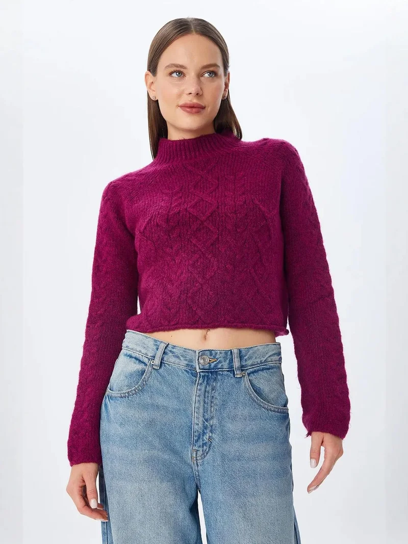 MixRay Mauve Purple MIXRAY Argyle Pattern Ribbed Half Turtleneck Sweater for Women | Best Price UAE