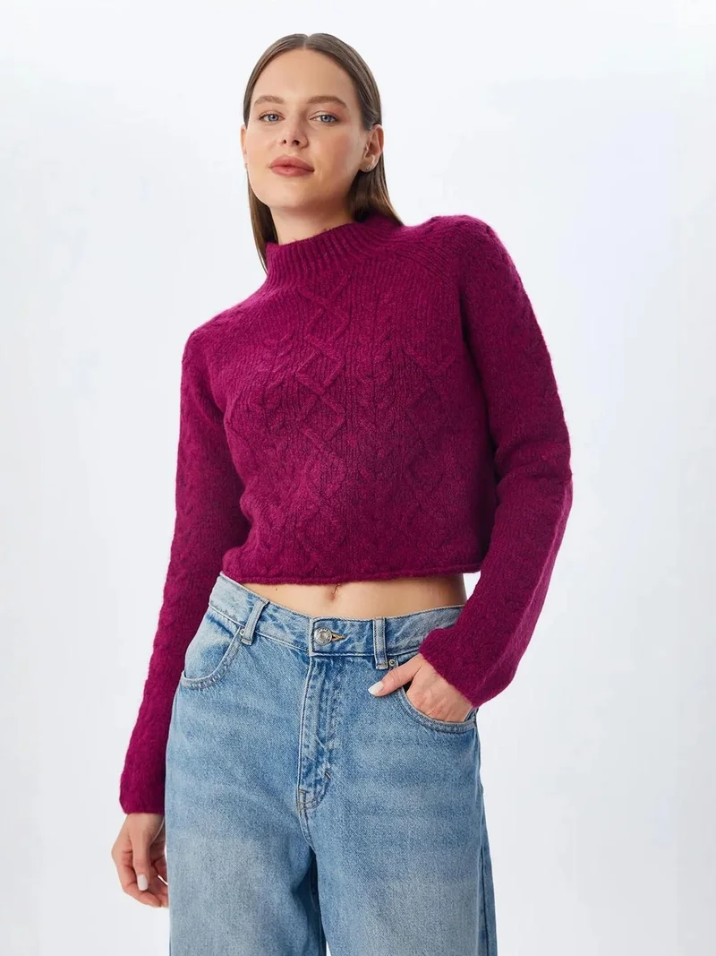 MixRay Mauve Purple MIXRAY Argyle Pattern Ribbed Half Turtleneck Sweater for Women | Best Price UAE