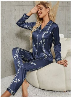Floral Print Contrast Piping Satin Blouse & Pants PJ Set