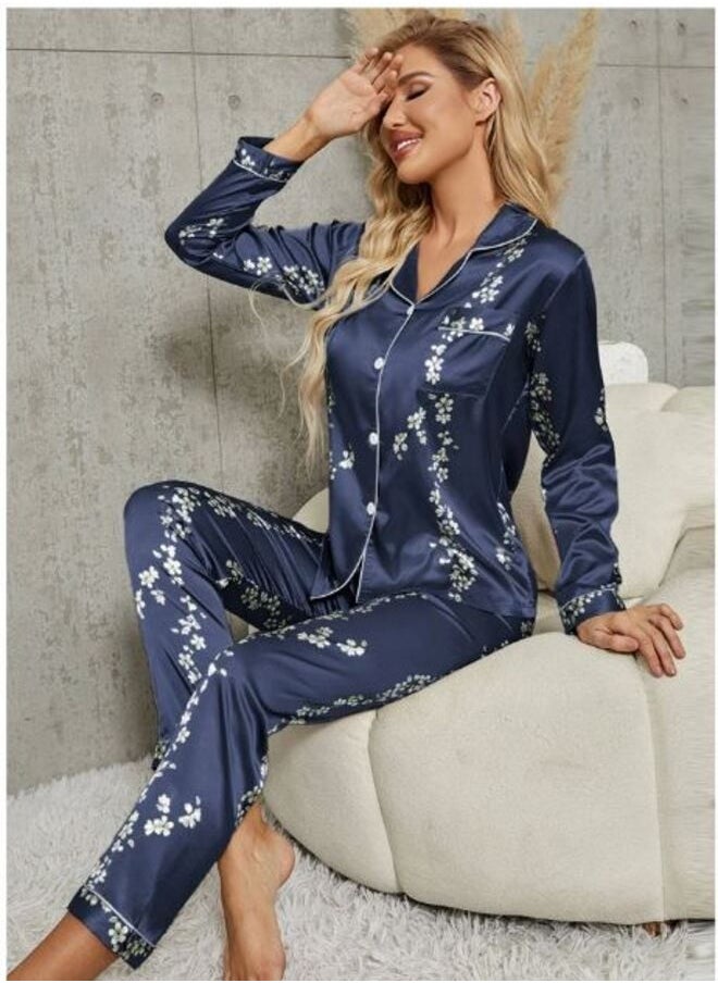 Shein - Floral Print Contrast Piping Satin Blouse & Pants PJ Set - Image 1