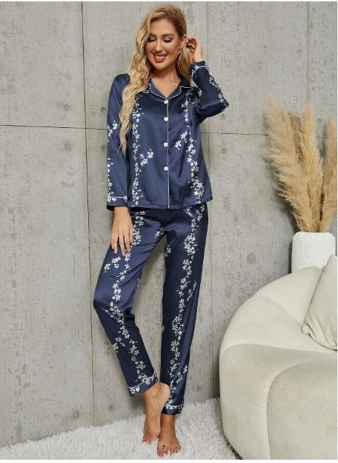 Shein - Floral Print Contrast Piping Satin Blouse & Pants PJ Set - Image 1